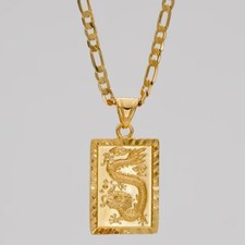 24k Gold Filled Over Brass 24" Cuban Figaro Dragon Pendant Necklace D451
