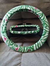 Green Zebra Strips With Pink Hearts Fleece Steering Wheel Rear View Mirror Set Green Zebra Strips With Pink Hearts Fleece Steering Wheel Rear View Mirror Set
