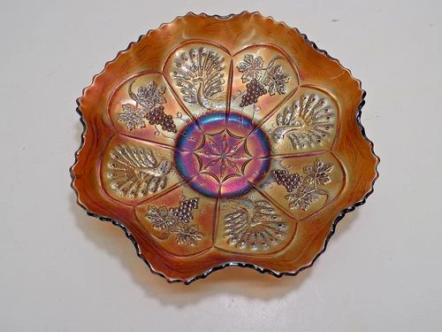 Fenton Peacock and Grape Marigold Carnival Glass Ruffled Rim 8-3/4" Bowl #1646