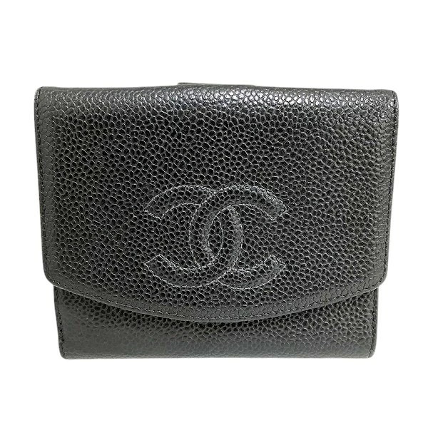CHANEL Black Caviar Skin W Hook Folded Wallet Ladies   Used JG815885