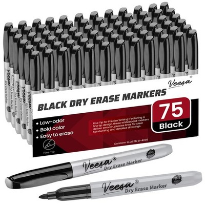 VEESA 75-Pack Black Dry Erase Markers Fine Tip Whiteboard Low-Odor