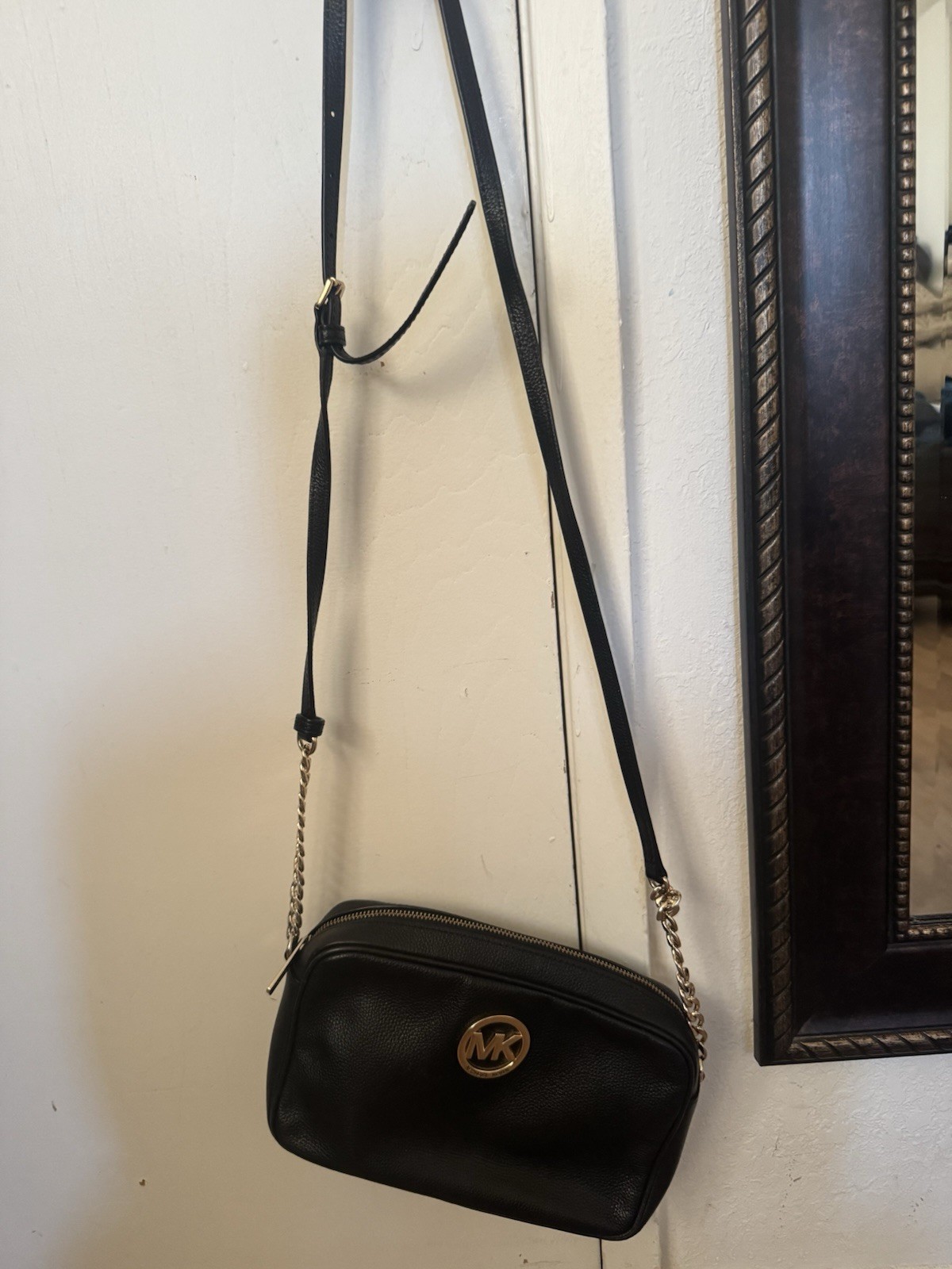Michael Kors Black Pebbled Chain Strap Crossbody Bag Gold Logo