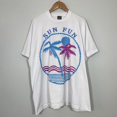 Vintage BEST Fruit Of The Loom T Shirt 3XL White Palm Tree Single Stitch Sun Fun