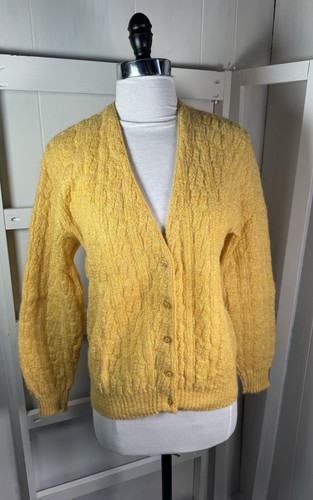 Vtg 50S/60s Yellow Mohair/Wool Cable Knit V-Neck Classic Cardigan Unisex M/L New - Image 1