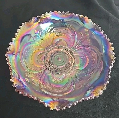 Vtg Imperial Gl. Iridescent Pink Carnival Gl. Scroll Design Bowl w/Sawtooth Edge