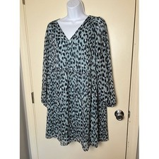 Loft V-Neck Grey Leopard Print Long Sleeve Baby Doll Tunic Dress Size Medium