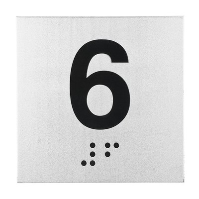 Exam Room Number Sign, 8'' x 8'' Number 6 Sign with Braille, Black on Silver
