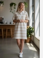 Everlane The Organic Cotton Shortsleeve Preppy Beige Striped Mini Dress XS NWT