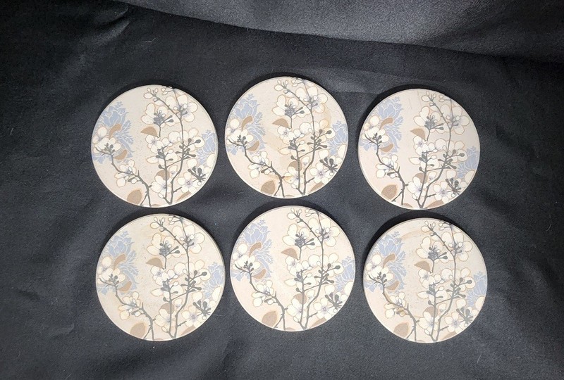 Six Absorbent Stone Coasters Delicate Botanical Floral Design By Encore