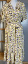 Meloday Tiered Floral Midi Dress Sz M Yellow Purple Pleated Boho Cottagecore