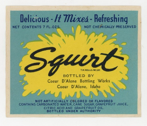 1930s Squirt Soda Bottle Mixer Label Coeur D'Alene Bottling Works Idaho P60