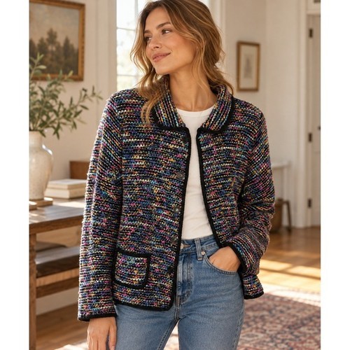 Laura Ashley, Laura Ashley Vintage Wool Blend Yarn Colorful Cardigan Blazer Jacket Womens L