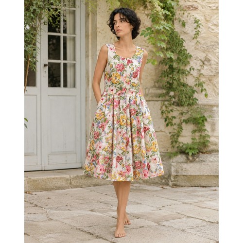 Cacharel, Vintage Cacharel Size XS/S 90s Floral Cotton Cottagecore Midi Dress French Skirt