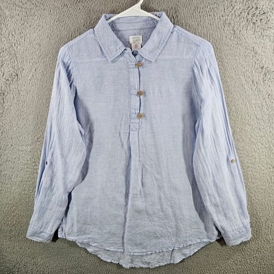 Sigrid Olsen Womens Small Blue 100% Linen Henley Roll Tab Sleeve Tunic Blouse