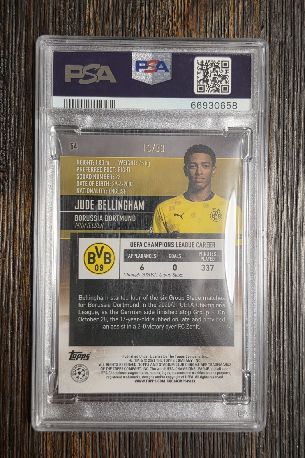 2020 Topps Stadium Club Chrome Jude Bellingham Gold RC /50 PSA 10 Dortmund Card view 2