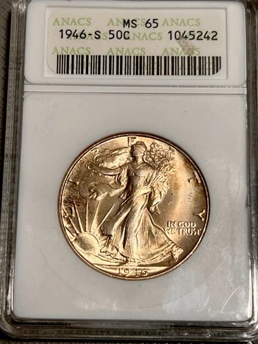 1946-S Walking Liberty 50C Half Dollar Anacs SOAPBOX MS65 ~ TONED #1143