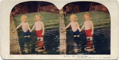 OH, ITS SO COLD VINTAGE PHOTO 2 KIDS IN POOL 1899 T W INGERSOLL COLOR STEREOVIEW