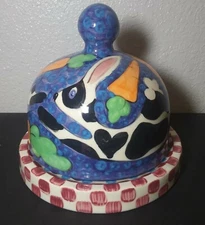 Vintage Studio Pottery Covered Cheese And Butter Dish Easter Rabbit Hand Painted
