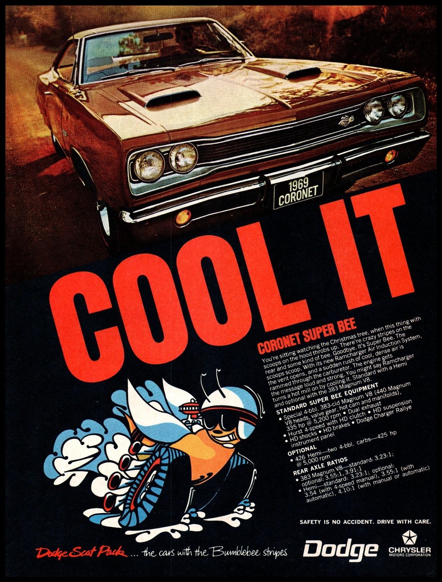1969 Dodge Coronet Super Bee Magnum V8 Vintage Print Ad Hood Scoops Wall Art