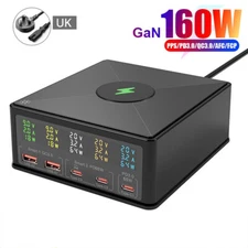 160W GaN Multi USB QC3.0 Type C PD 65W Fast Charger Station Wireless Charging