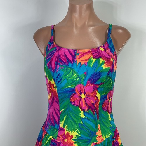 Vintage 80s 90s NEON FLORAL Le Cove Ladies Swimsuit Skirted Swim Dress 16 - Picture 3 of 10