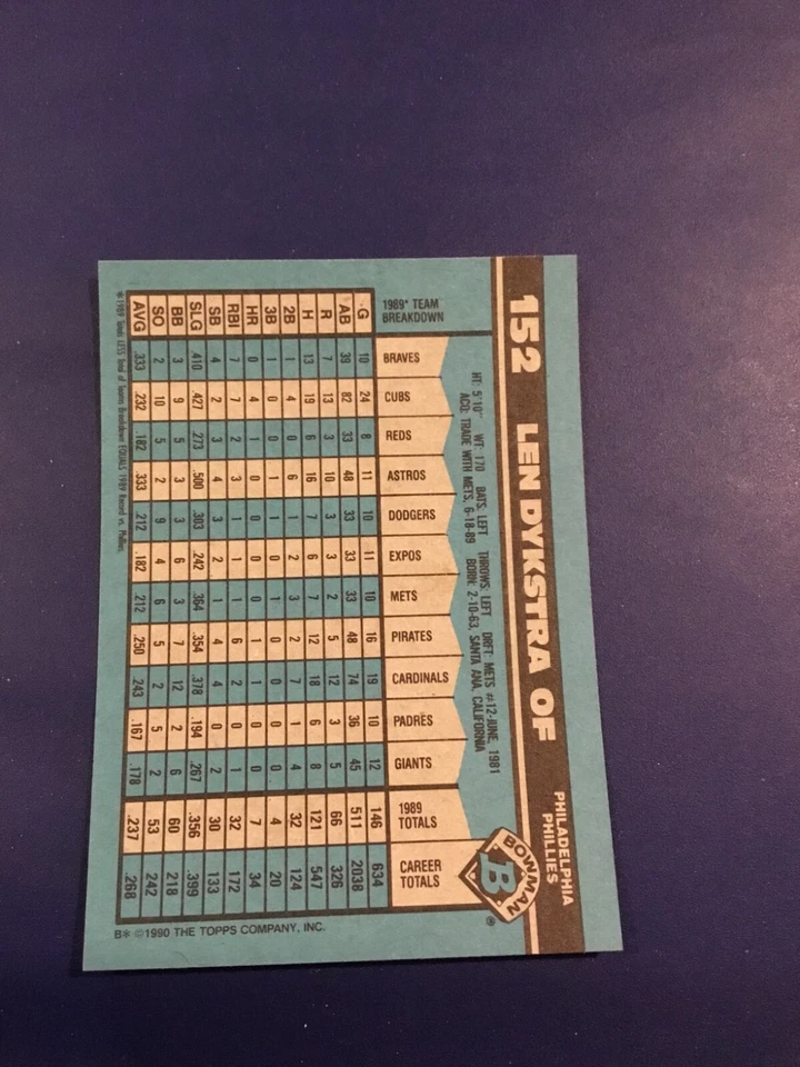 1990 Bowman # 152 LEN DYKSTRA Philadelphia Phillies MINT - Image 2 of 2