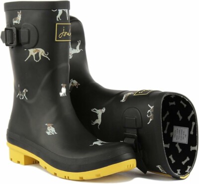 Joules Welly Mid Calf Rain Boots Black Dog Print Size EU 42 US 10 NEW