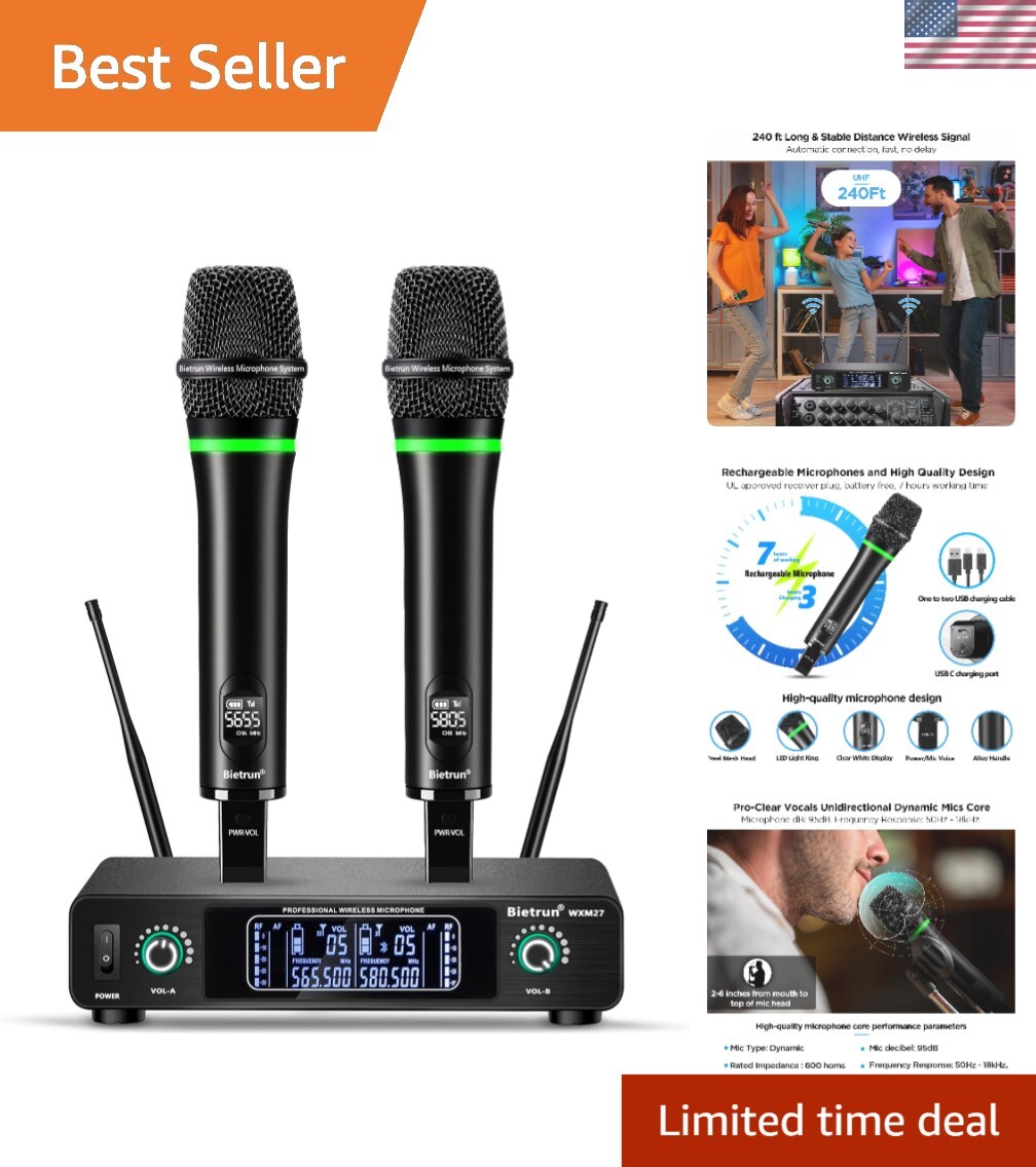 UHF Rechargeable Dual Handheld Wireless Mic System with Bluetooth