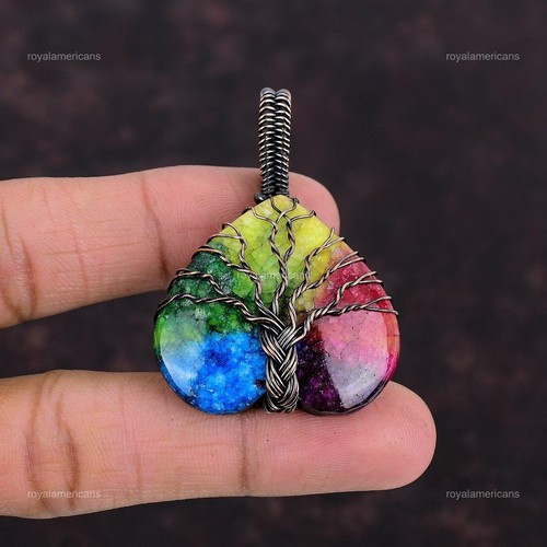 Copper Rainbow Solar Quartz Druzy Gemstone Tree Of Life Wife Pendant Jewelry - Picture 4 of 7