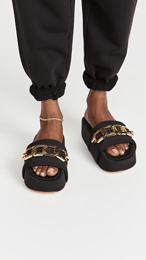 PANTOFOLA D’ORO Buona catena americana oro plateau diapositive nere. Donna taglia 7. Nuovo senza scatola