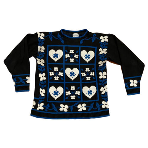 Vintage Kawaii Hearts Flowers Sweater Small Black… - image 1