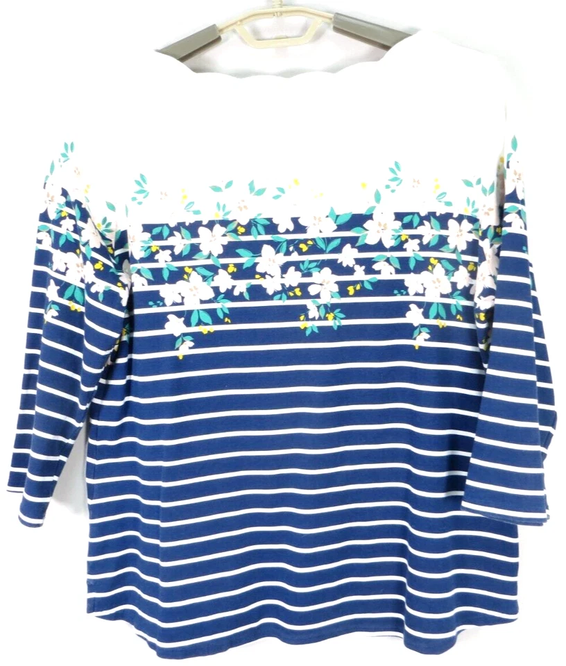 Top para mujer Croft & Barrow 100 % algodón manga 3/4 rayas florales multicolor L Foto 2 de 4