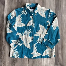 Vintage Sag Harbor 100% Silk Button Front Women size 8 Teal Blue tropical shirt