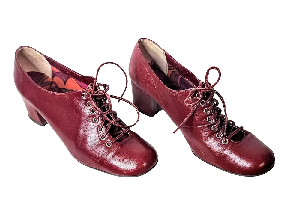 1960s Mod Leather Lace Up Shoes Chunky Heel Psychedlic Pattern Fabric Insole 7M - Image 2 of 4