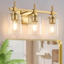 3-Light Brushed Gold Bathroom Light Fixtures Modern Vanity Lights Textured Glass