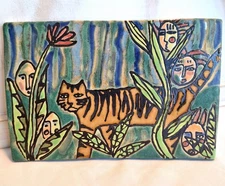 VTG 2005 Spalding Studio  Ceramic Tile Tiger In Jungle/People's Faces Signed