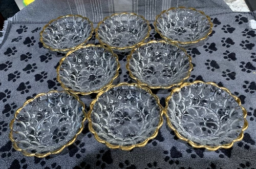 VTG GOLD Trim Jeanette Clear Thumbprint Set Of 8 Fruit Bowls 5.25" Dia. EX. COND