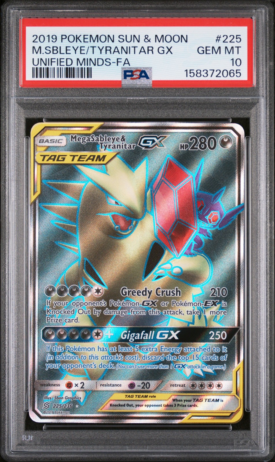 Mega Sableye & Tyranitar GX 225/236 Unified Minds Tag Team #225 GEM MINT PSA 10