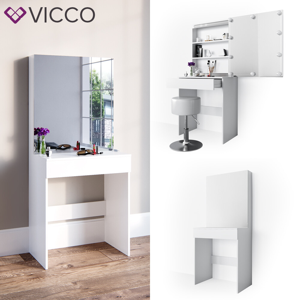 Table de maquillage Melle Vicco pour optimiser les petits espaces avec une coiffeuse miroir blanc
