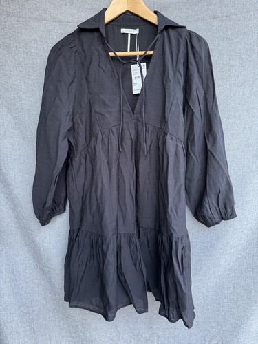 NWT Nordstrom Rack Small Black Long Sleeve Dress Collar Babydoll Short Tiered