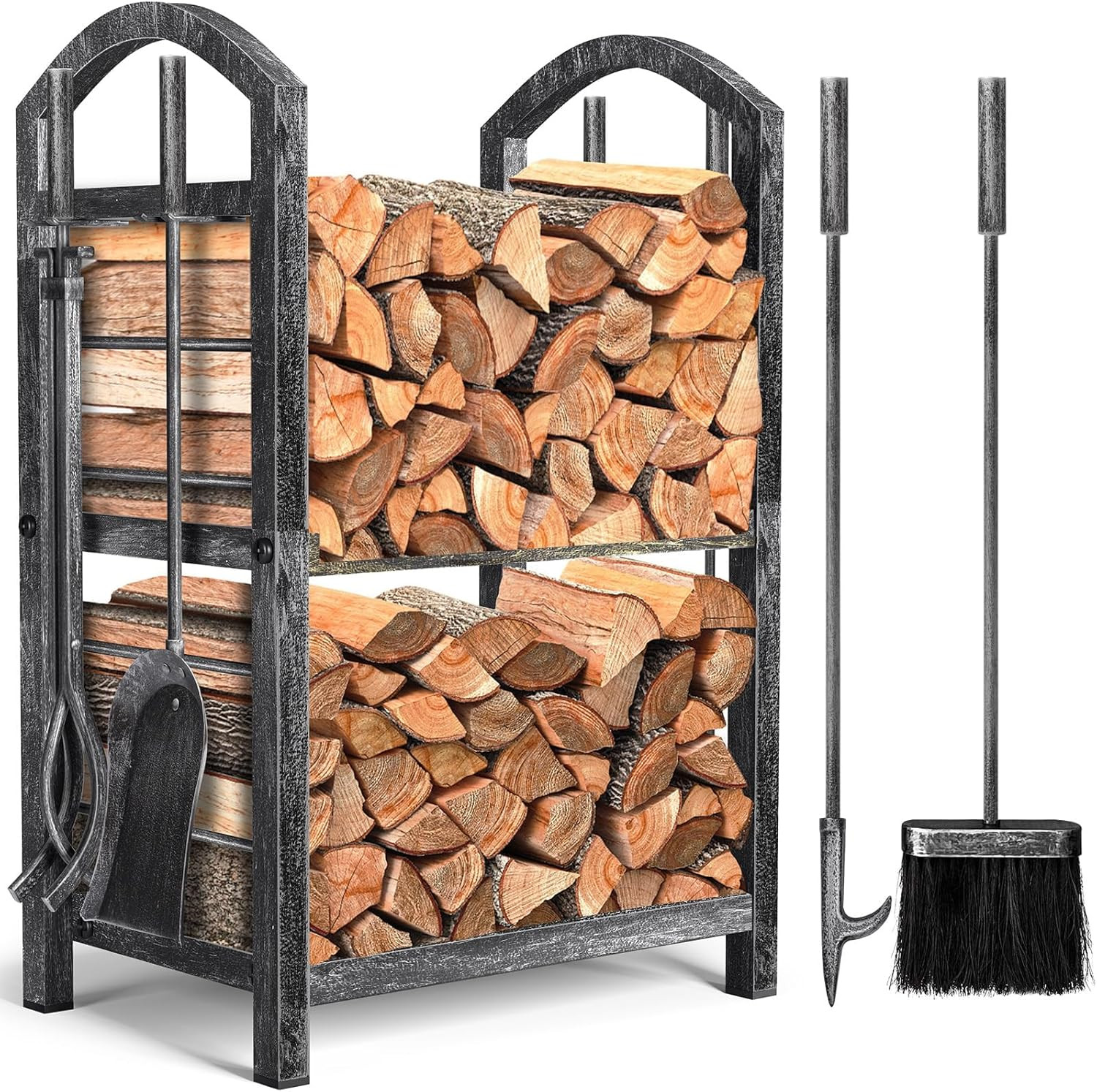 Firewood Rack with Tools 5-Piece Indoor Fireplace Wood Holders Outdoor Log Holde