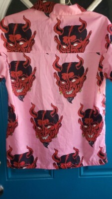 Pink Devil Demon Head Print Buttoned Short Sleeve Shirt Medium