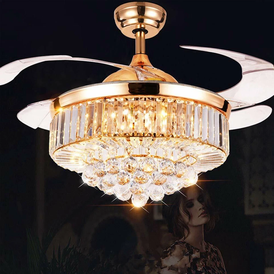 42"Gold Crystal LED Chandelier Invisible Ceiling Fan Light Ceiling Lamp w/Remote - Image 4 of 4