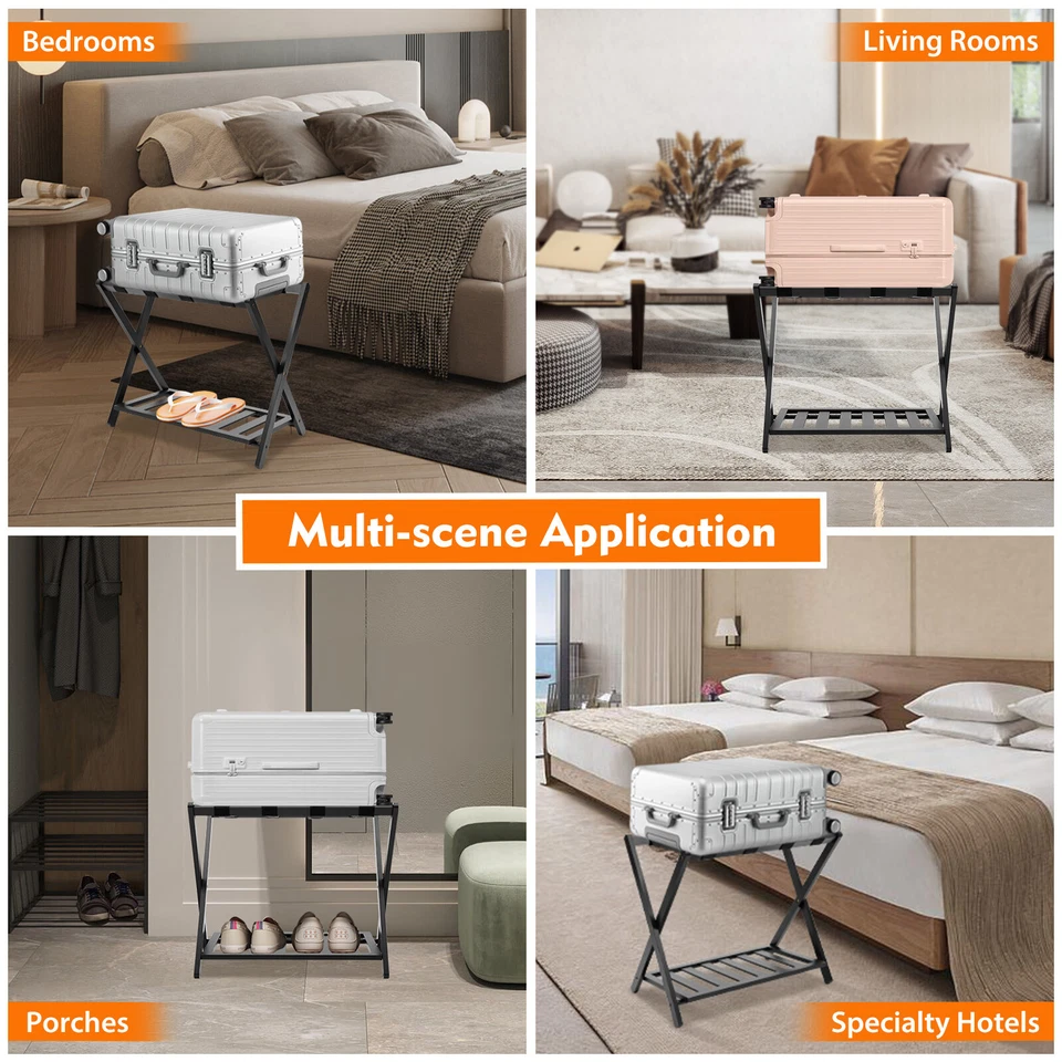 Folding Luggage Rack with Shelf Travel Bamboo Suitcase Shoe Storage Holder Stand - Image 4 of 4