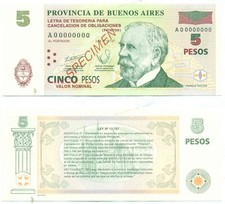 ARGENTINA EMERGENCY BUENOS AIRES NOTE 5 PESOS 2001 SERIAL A SPECIMEN UNC