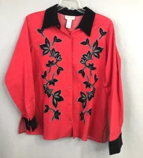 Victor Costa Top Women L Red Snap Front Black Velvet Trim Beaded Western Holiday