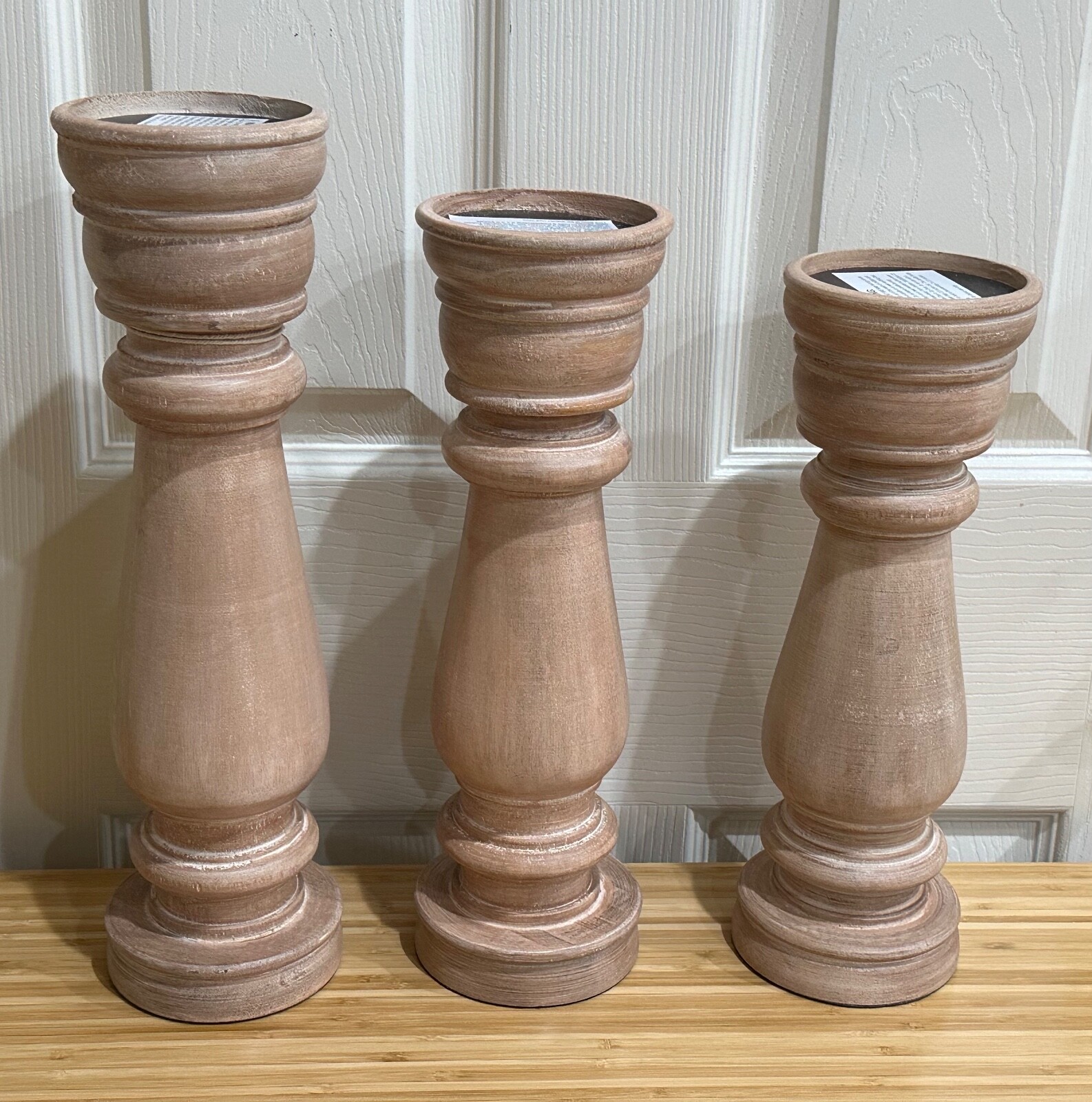 New Set of 3 Mango Wood Pillars Lauren McBride Large Tiered Pillar Candle Holder