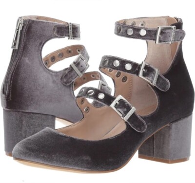 Strappy Velvet Buckle Rivet Studded Block Heel Pumps Shoes Slate Gray Size 6