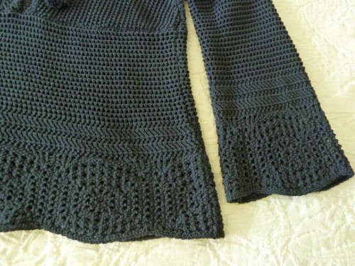 J JILL Navy 100% Cotton Open Crocheted Scalloped Hem+Sleeves Vneck Tunic Top~S/M - Picture 12 of 12