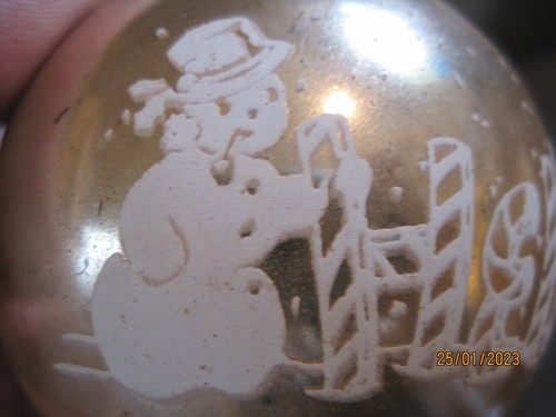 Vtg Large Shiny Brite HELLO stenciled flocked glitter Xmas ornament 8-1/2"around - Picture 4 of 16